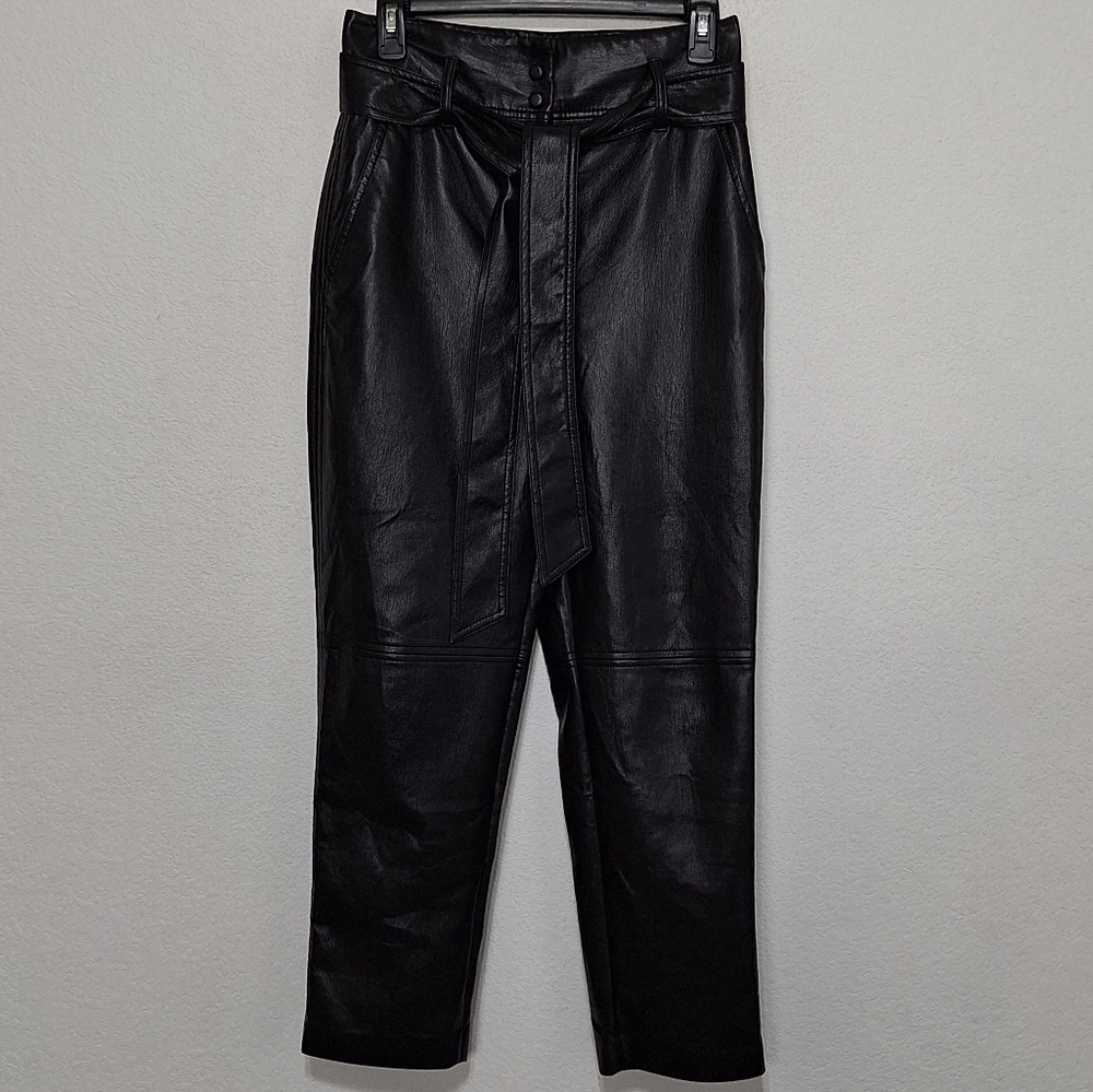 Wilfred Aritzia Black Faux Vegan Leather High Waisted Belted Trouser Pants Sz. 4
